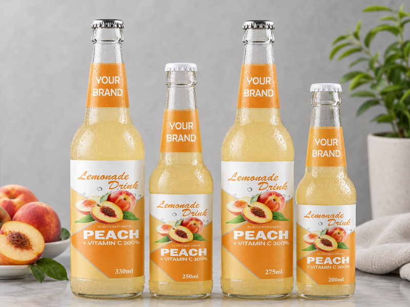 LEMONADE DRINK Peach flavored drink available in 330ml, 250ml, 275ml, and 200ml glass bottles.
